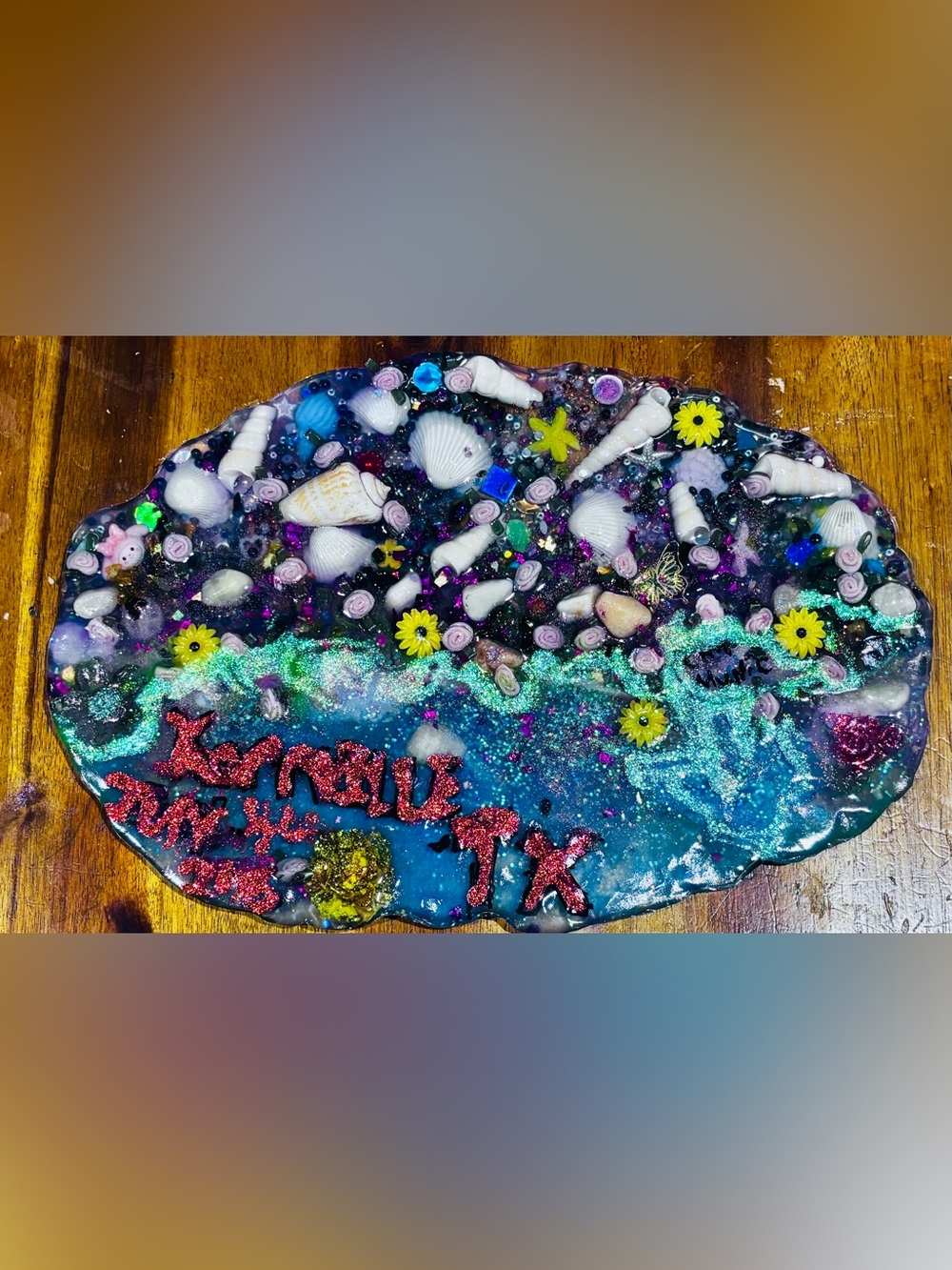 Handcrafted Ocean Shell Art Plaque in Teal and Purple with words kerrville Texas